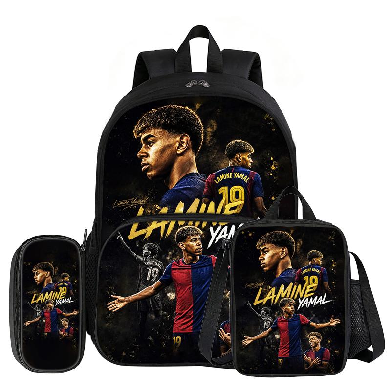 Set de 3 piezas L-Lamin Yamal con Mochila con Bolsillo Frontal Material Escolar Estrella de Fútbol Bolso Escolar, con Bolsa para el Almuerzo, Estuche, Mochila