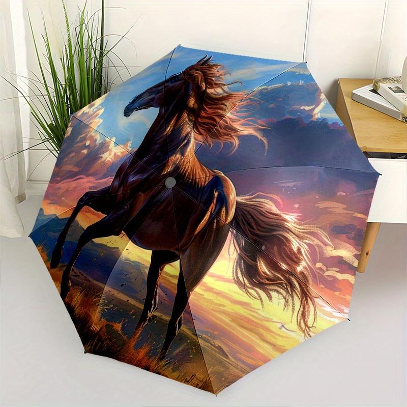 

Horse, Sunset Themed Automatic Opening and Closing Umbrella, Portable Tri fold Small Umbrella for Men and Women,Gift0725020z