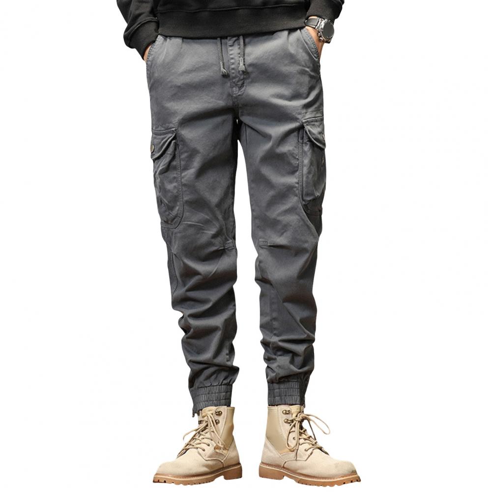 Men Cargo Pants Drawstring Elastic Waist Single Color Muti Pockets Comfortable Fit Ankle-banded Sport Trousers Streetwear Daily Wear Everyday