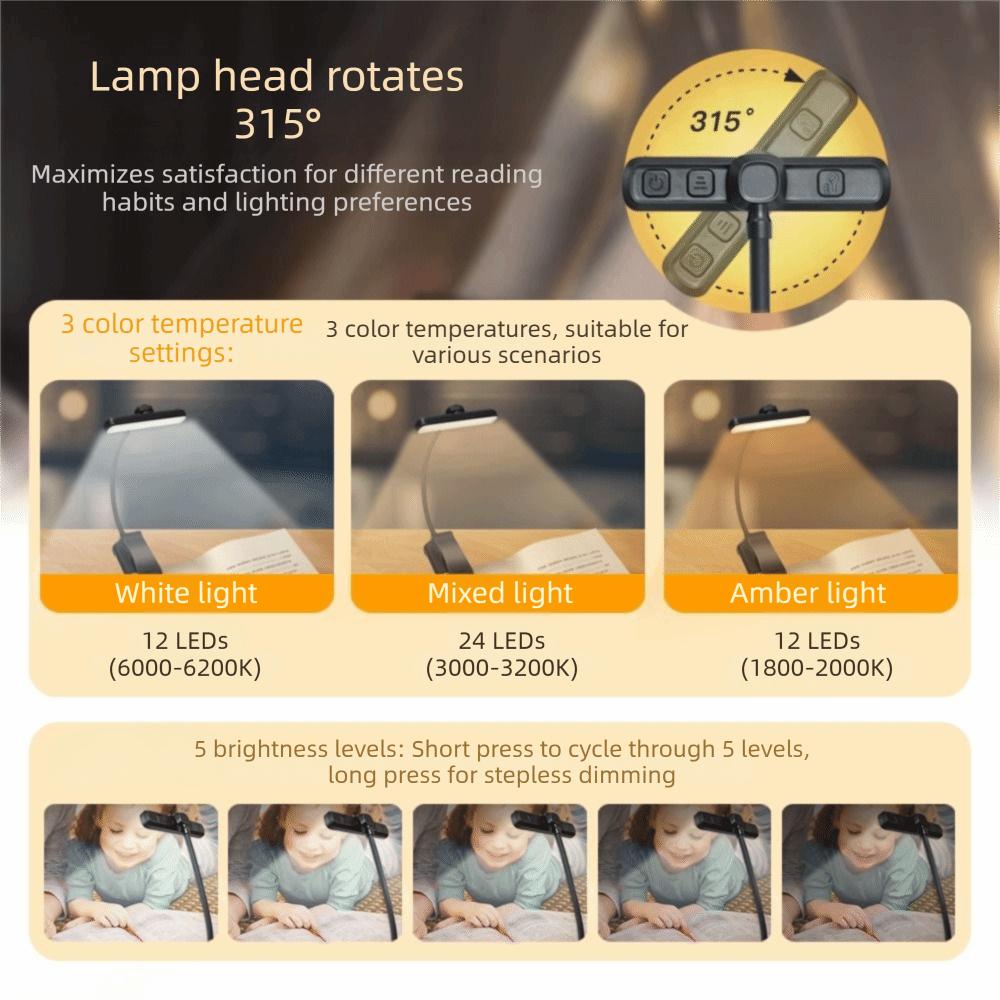 Flexible Design Reading Lamp Easy Clip Book Lamp Rechargeable Night Reading Lamp  Study Use