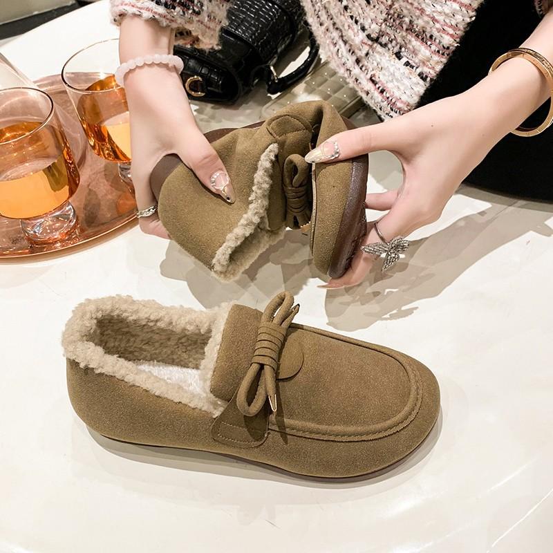 Women's Bowknot Large Size Soft Sole Autumn and Winter Warm Fur One Snow Boots Fluffy Lined Non-slip Hiking Casual Sports Cotton Shoes Fur Shoes