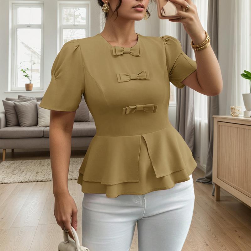 

ZANZEA Женская повседневная блузка с круглым вырезом, бантами и вставками, летняя, с коротким рукавом XL хаки