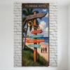 Vintage Florida Keys Coastal Scene Metal Tin Sign, Travel Nostalgic Beach Poster with Palm Trees, Weathered Wooden Post for Home