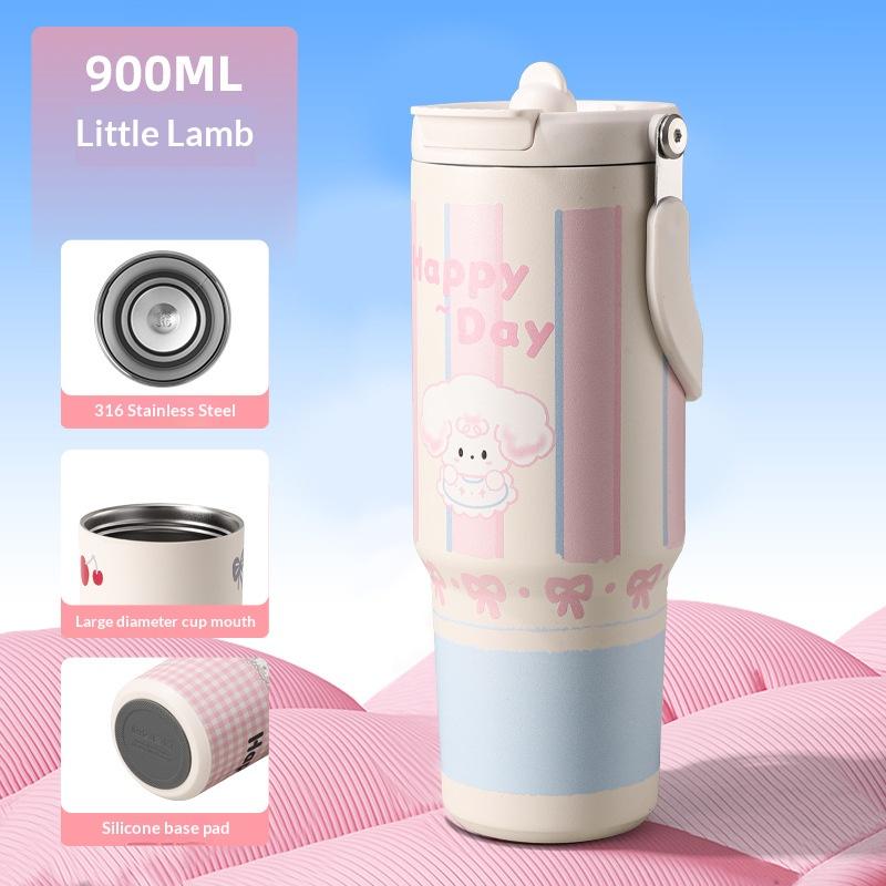 Cartoon Animal Thermos Cup Large Capacity Stylish Portable Straw Cup Outdoor Women's Insulated Coffee Mug