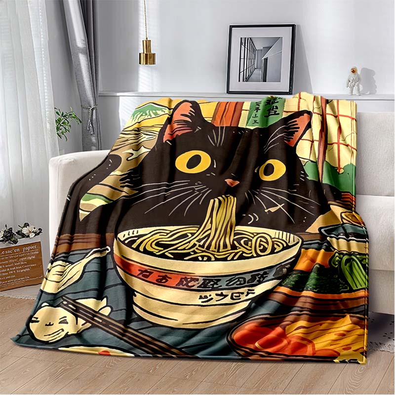 Retro Manga Style Black Cat Eating Ramen Print Flannel Blanket, Vintage Anime Throw Blanket