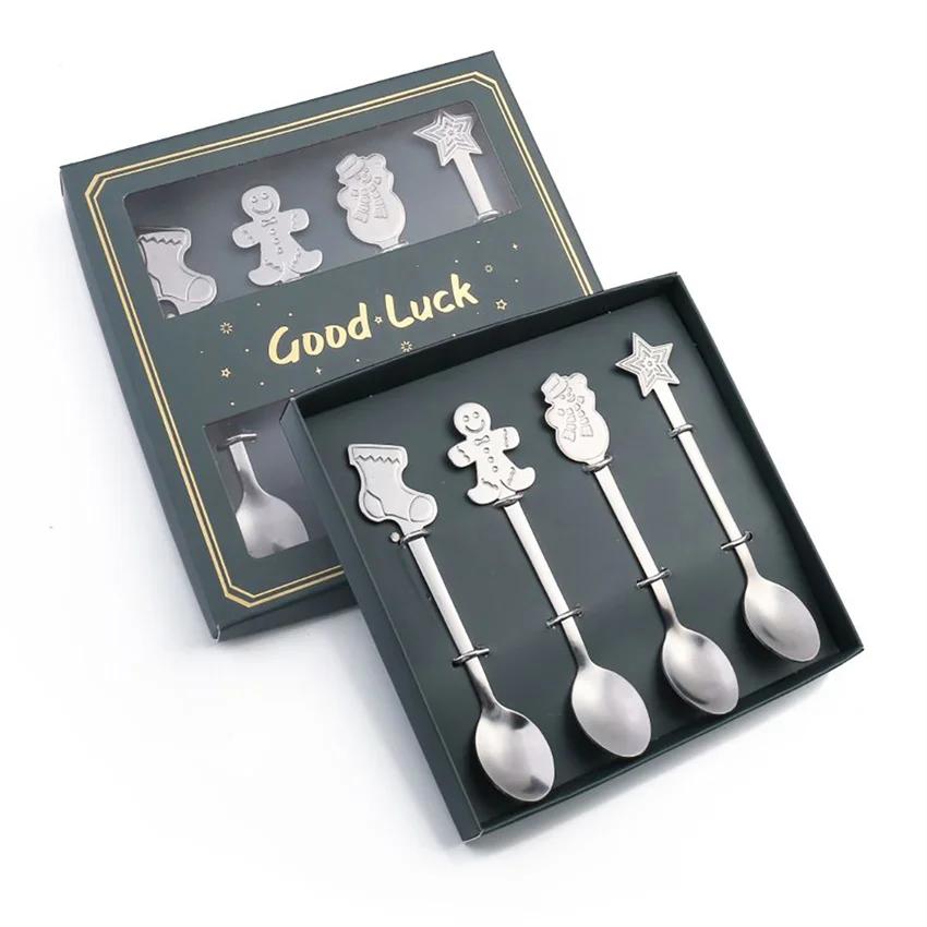 4Pcs Gold/Silver Christmas Coffee Spoons with Gift Box Stainless Steel Gingerbread Man Dessert Spoons Cutlery Spoon Xmas Gift
