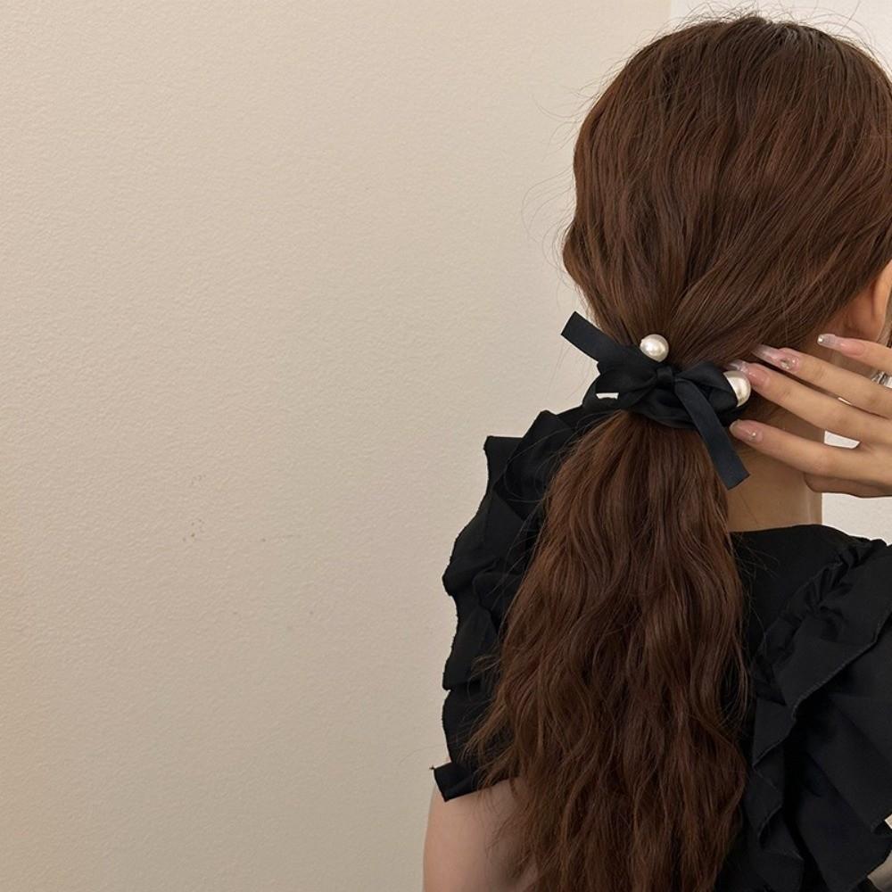 Black Color Pearl Hair Tie Pearl Decoration Bow Headdress Fashion Ponytail Holder  Daily Wear