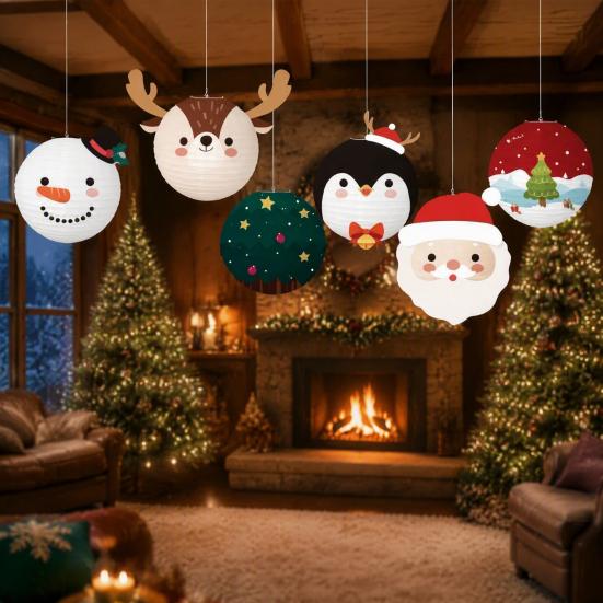 Winter Festival Party Supplies 6Pcs Christmas Cartoon Paper Lanterns, Santa Snowman Penguin Reindeer Decorative Lantern Sets Hanging Decor for