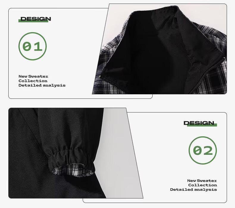 Men's Casual Double-Sided Plaid Patchwork Jacket - Stand Collar, Versatile Spring/Autumn Outerwear in American and Japanese Style
