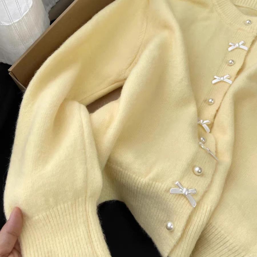 Women's Sweater Gentle Style Long Sleeve Pearl Button Top Spring Autumn O-Neck Sweet Bow Yellow Knitted Cardigan Coat