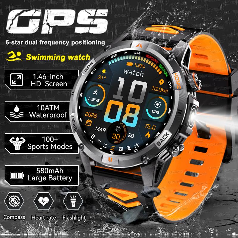 New Adventure GPS Map Navigation Smart Watch AMOLED Screen 10ATM Waterproof Clock Compass Flashlight BT Call Smartwatch Men