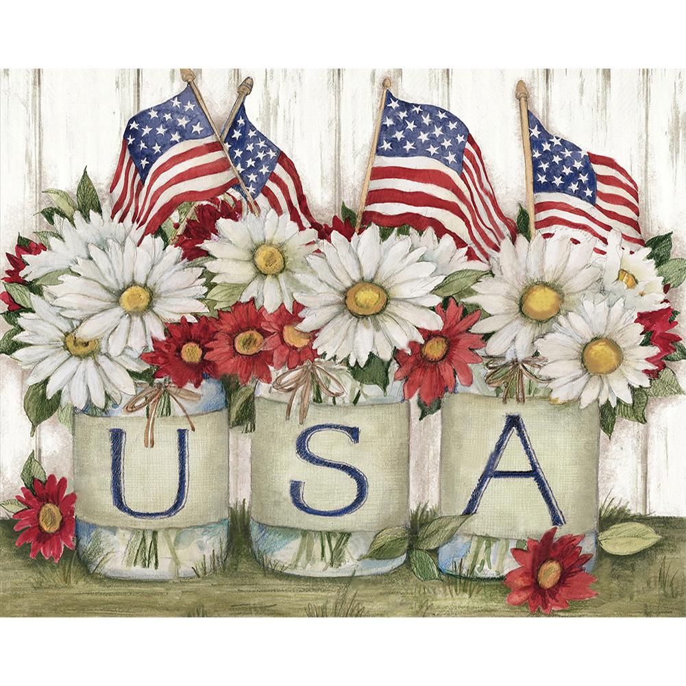 

5D DIY Full Round Drill Diamond Painting Vase USA Flags Home Art Decor 40x50cm