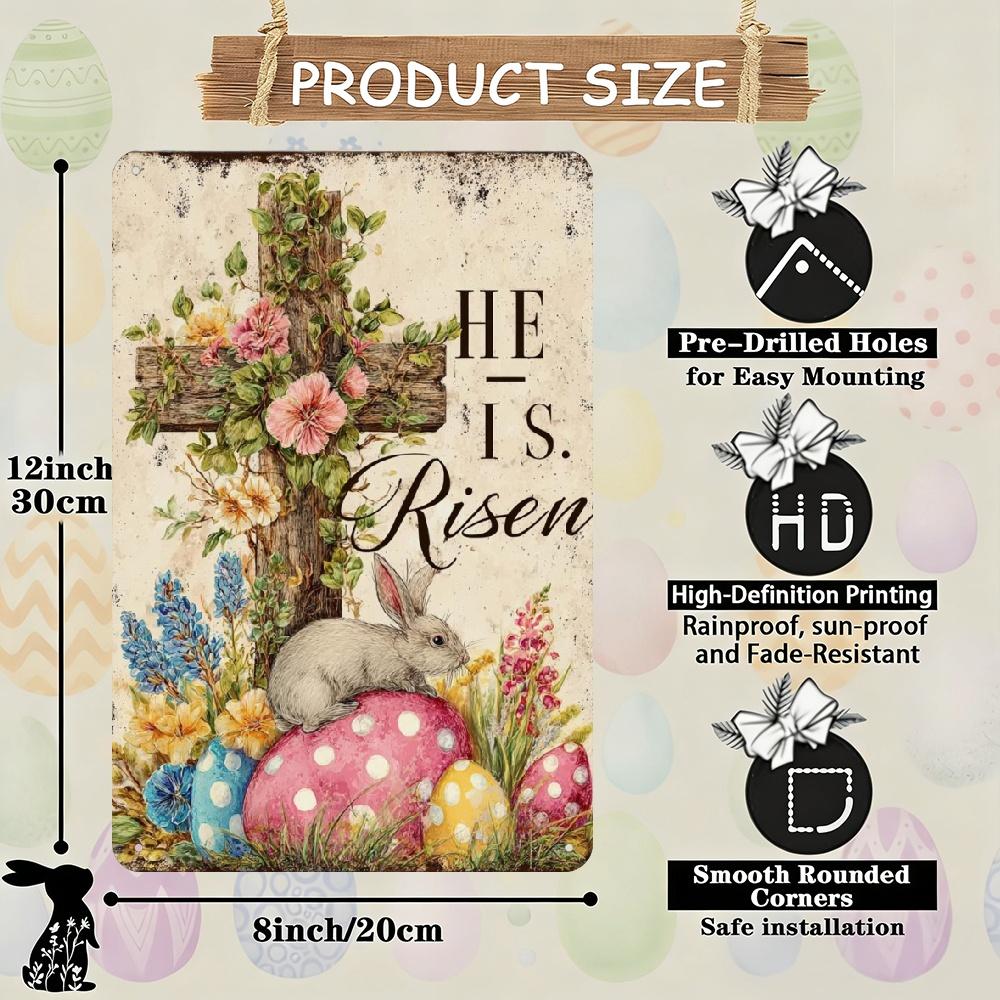 

Vintage Flat Rabbit Sign He Is Risen Retro Easter Metal Poster Decor for Home Farmhouse Living Room Bedroom 20x30cm（7.8x11.8inch）