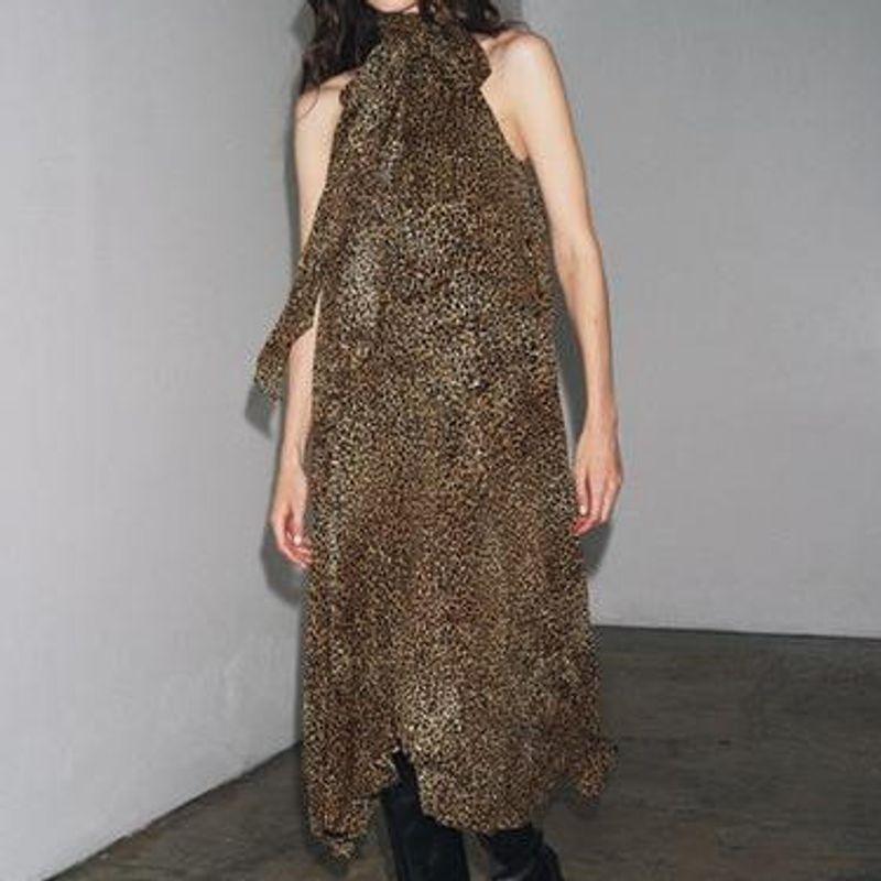 Za Autumn New Women Clothes 2025 Western Style Fashion Temperament Animal Print Neck Collar Dress 8753008