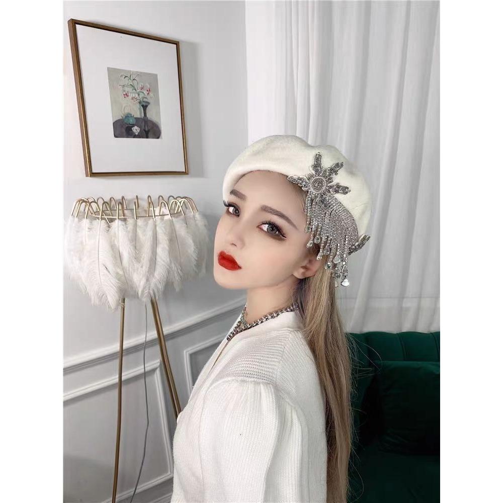 Dámské klobouky Originální Podzimní a Zimní Módní Retro Nádherný Lesklý Křišťál Dlouhý Střapec Haute Couture Vlna Malířský Baret