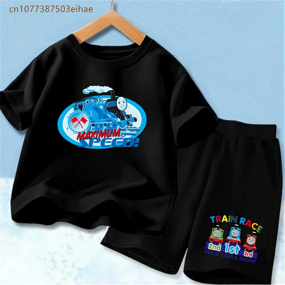 Kids Thomas Train Head Cartoon Summer Set Soft Polyester Short Sleeve T-shirt Match Breathable Shorts 2Pcs Casual Comfortable