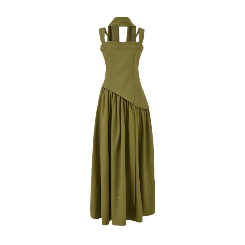 European and American style scarf suspender dress female design sense sexy high split splicing waist fold big swing dress