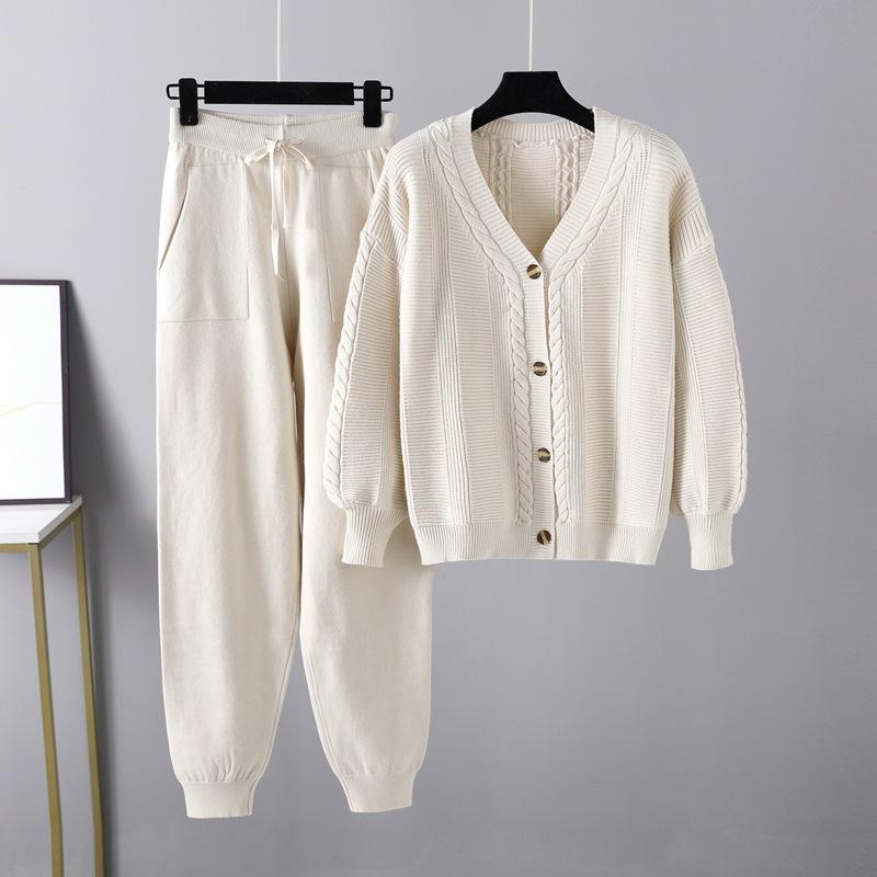 Large size women's clothing new autumn and winter knitted two-piece set twist cardigan solid color set sweater women