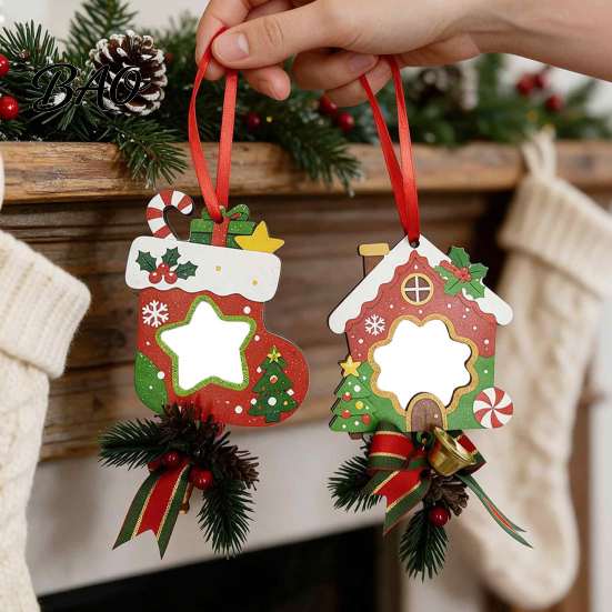 Festive Tree Pendants Wooden Christmas Ornaments, 2D Stocking House Shaped Photo Frame Hanging Indoor Holiday Decor, Xmas Ornament for Family