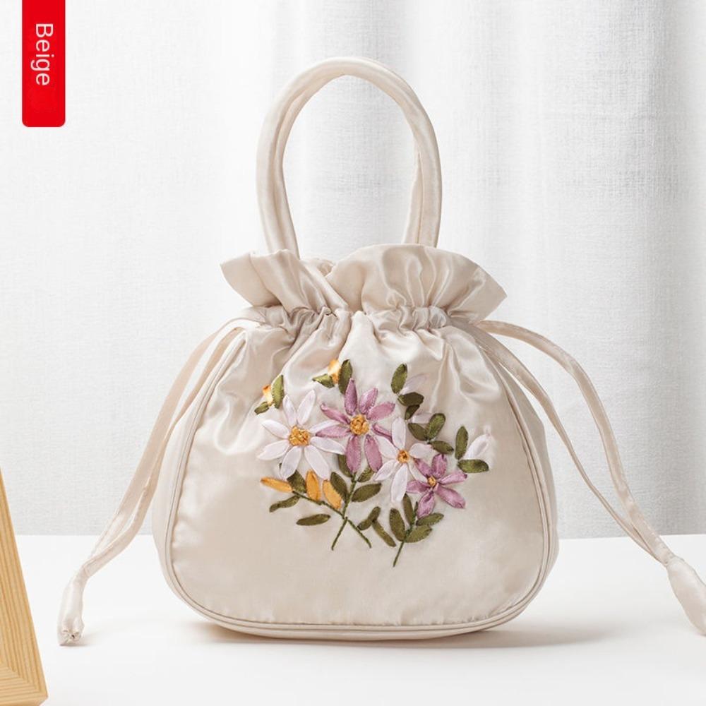 Embroidered Flower Pattern Women Bucket Bag National Phone Bag Ladies Small Dacron Top Handle Bag Casual Occasions