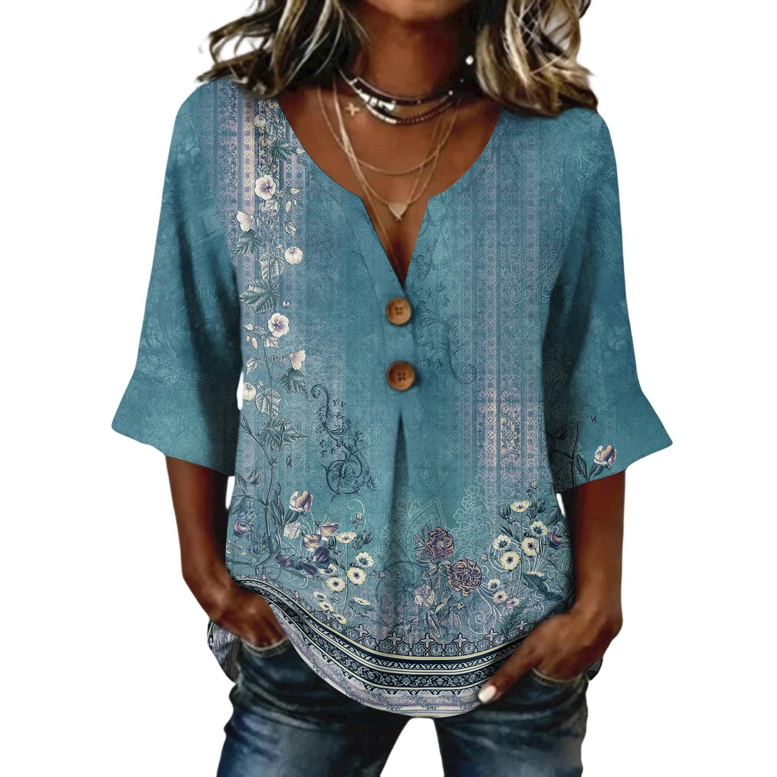 

Ladies floral print button casual V-neck fashionable seven quarter sleeve top L синий