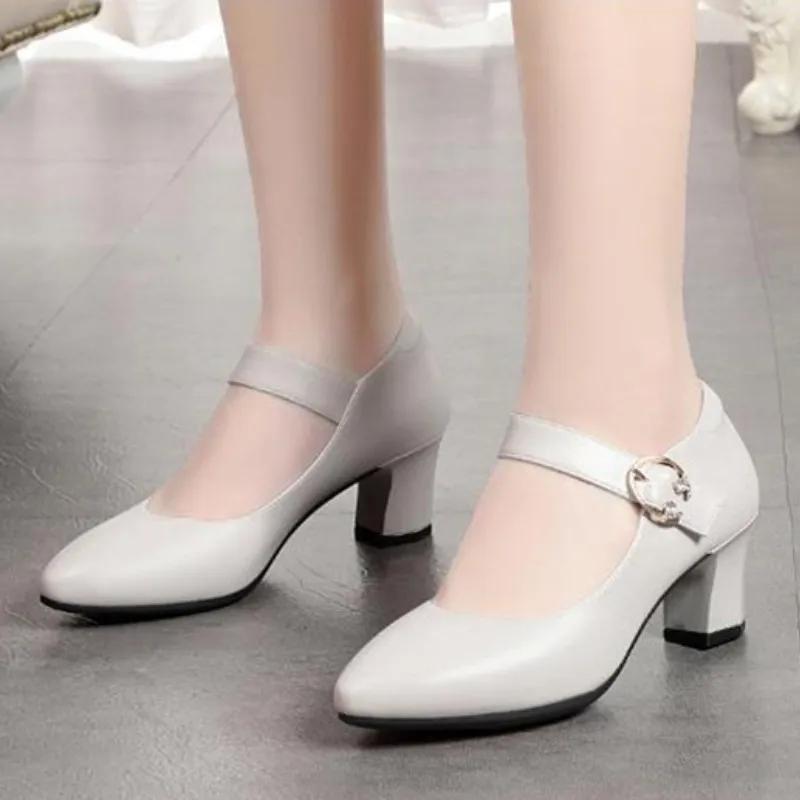 Pointed Square Heel Solid Color Comfortable Women's Sandals Rubber Large Size Buckle Crystal High Heels Banquet Summer Fashion