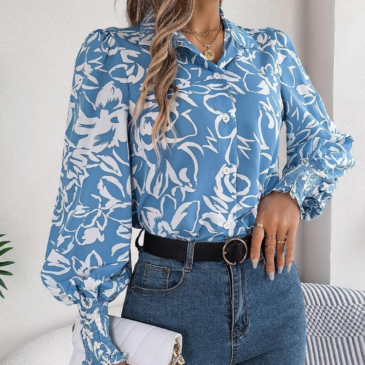 Elegante Bluse mit V-Ausschnitt und langen Ärmeln für Damen, Hemd mit Blumendruck für die Frühling- und Herbstsaison