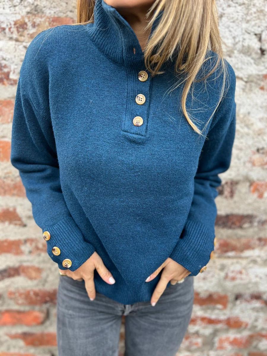 

Autumn New Style Stand Collar Knit Sweater Women s Casual Loose Pullover with Buttons 3XL синій