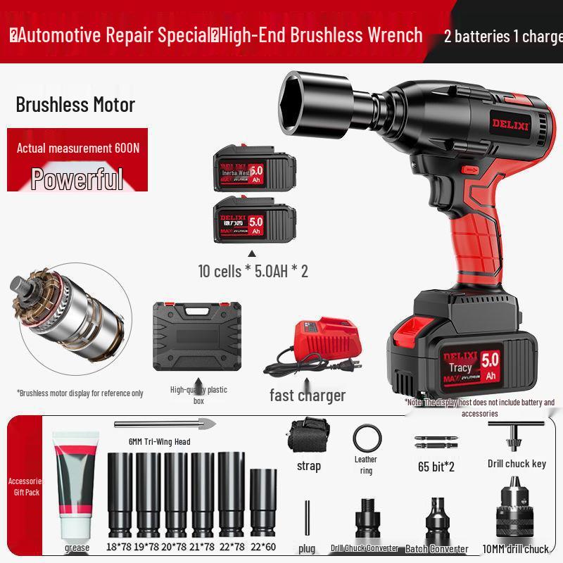 Delixi High Torque Brushless Impact Wrench - Electric Air Wrench with Lithium Battery & Charging Board for Auto Repair.