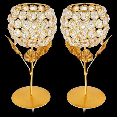 Beautiful Crystals Rose Gold Polish Candle Holder for Decoration Set of Two 9 Inches , Metal