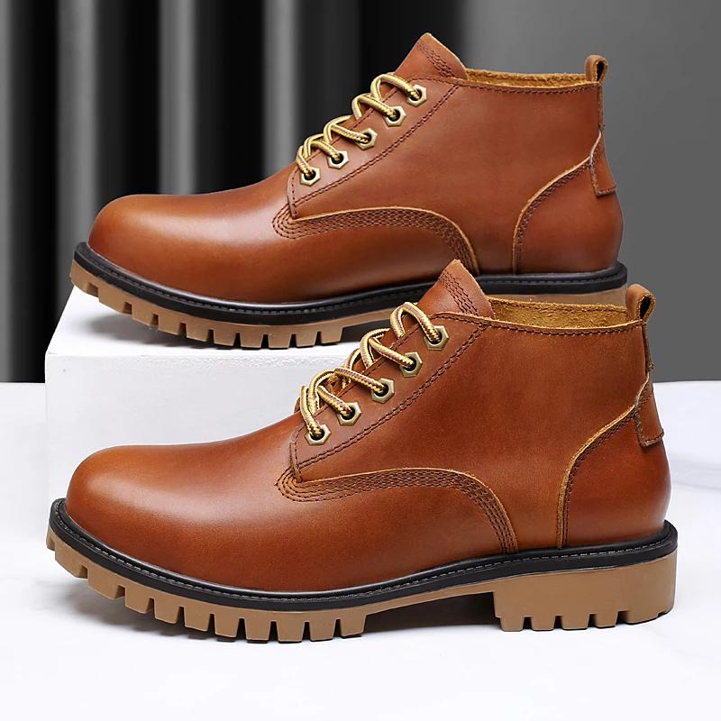 Fashion Handmade Winter Boots for Men Genuine Leather Male Comfortable Basic Boots Lace-Up Men's Motorcycle Boots Low Top Walking Shoes