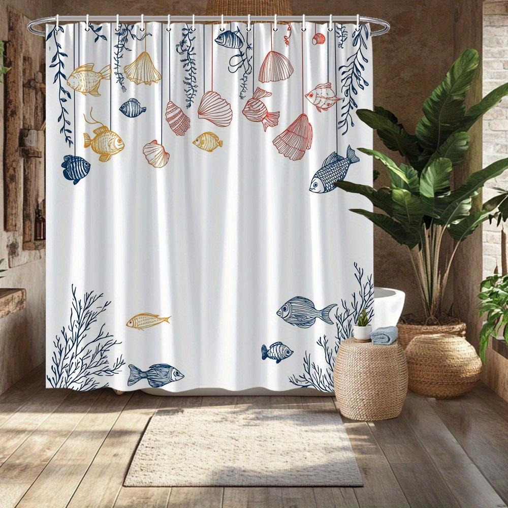 Ocean Themed Shower Curtain, Seashells & Fish Illustration, Fade-Resistant Polyester, Vibrant Underwater Scene
