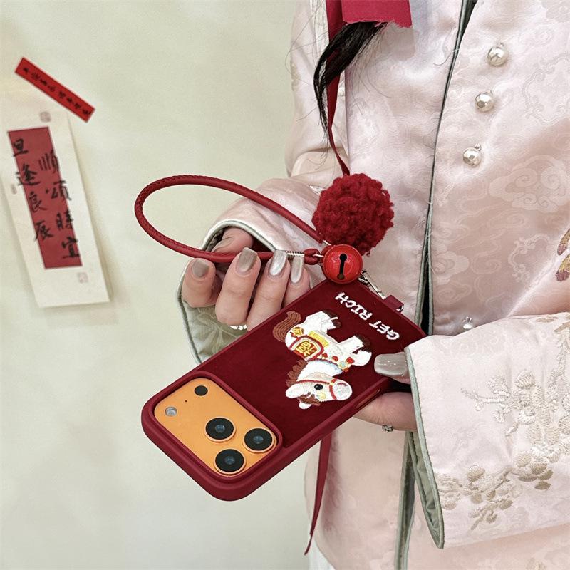 New Year Embroidered Fu Horse Lanyard for iPhone 17, 16 Pro Max, 15, 14 Case