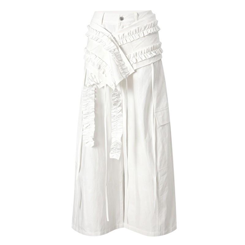 High-Waisted Wide-Leg Pants With Ruffled Waistband Cotton-Polyester Blend Loose Fit Women