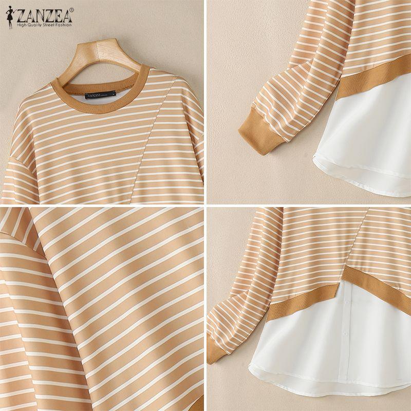ZANZEA Women Casual Round Neck Long Sleeve Stripe Patchwork Pullover Tops