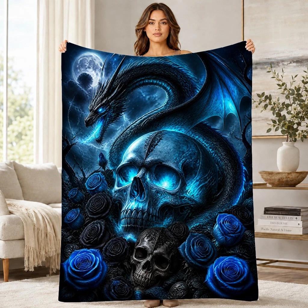 Blue Dragon Skull Roses Coral Fleece Blanket Gothic Fantasy Decor