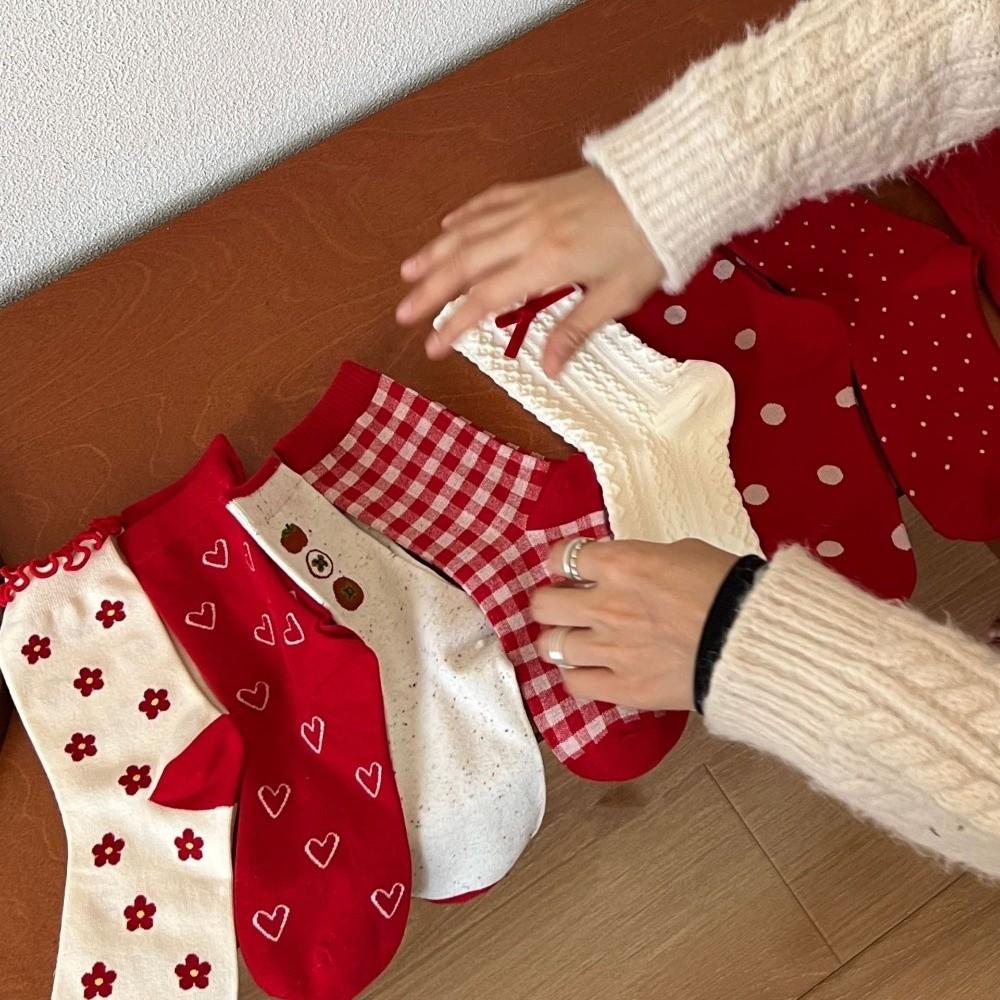 Combed Cotton Red Socks Breathable Flower Socks Plaid Heart Polka Dot Socks  Lunar New Year