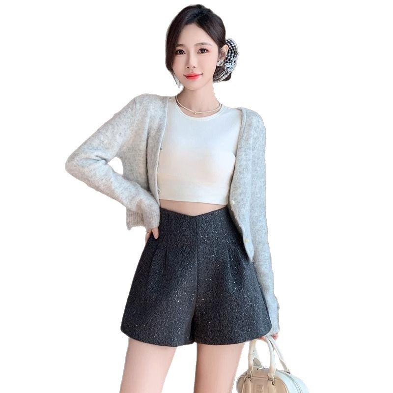 French Sparkly High-Waisted Woolen A-Line Shorts - Women's Autumn/Winter Slimming Wide-Leg Booty Pants