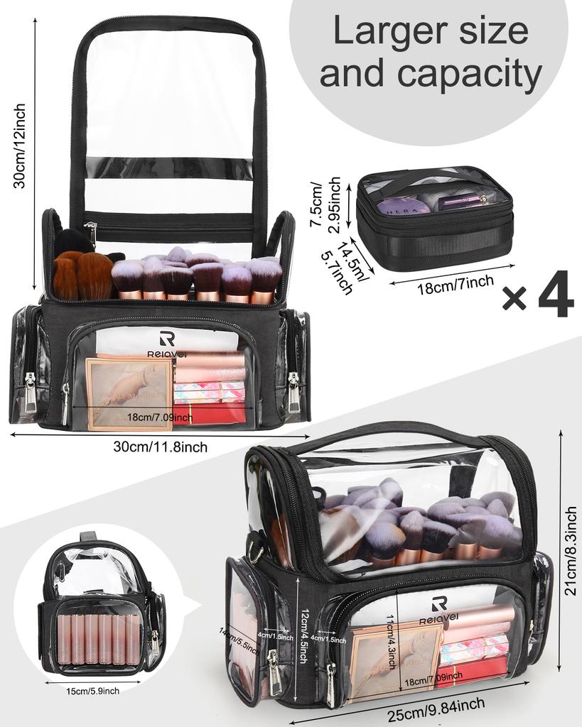 Estojo Profissional para Pincéis de Maquiagem Relavel 4 Bolsas Pequenas Porta Grande Bolsa de Viagem PVC Transparente Impermeável+Nylon Fechamento com Zíper