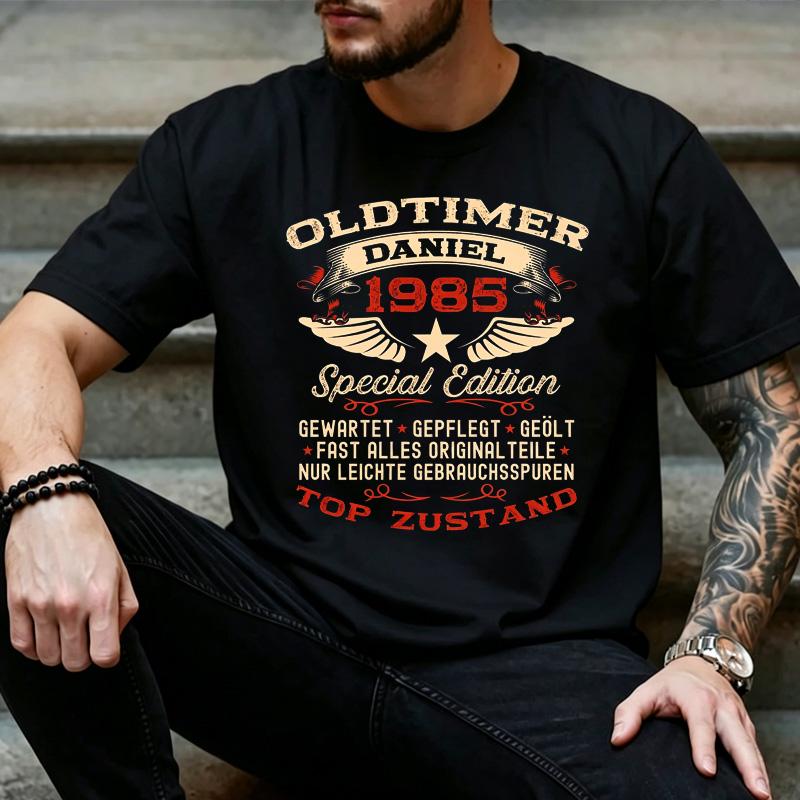 Custom Name Oldtimer 1985 GerUnisex Vintage Wing Star Graphic T Shirt Unisex 40th Birthday Casual Short Sleeve Street Tee