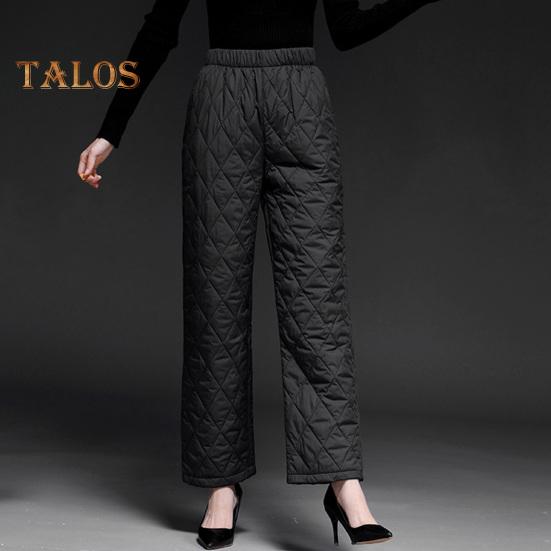 Autumn Winter Cotton Pants Rhombus Quilted Straight Wide Leg Long Pants with Pockets Solid Color Thickened Warm Trousers