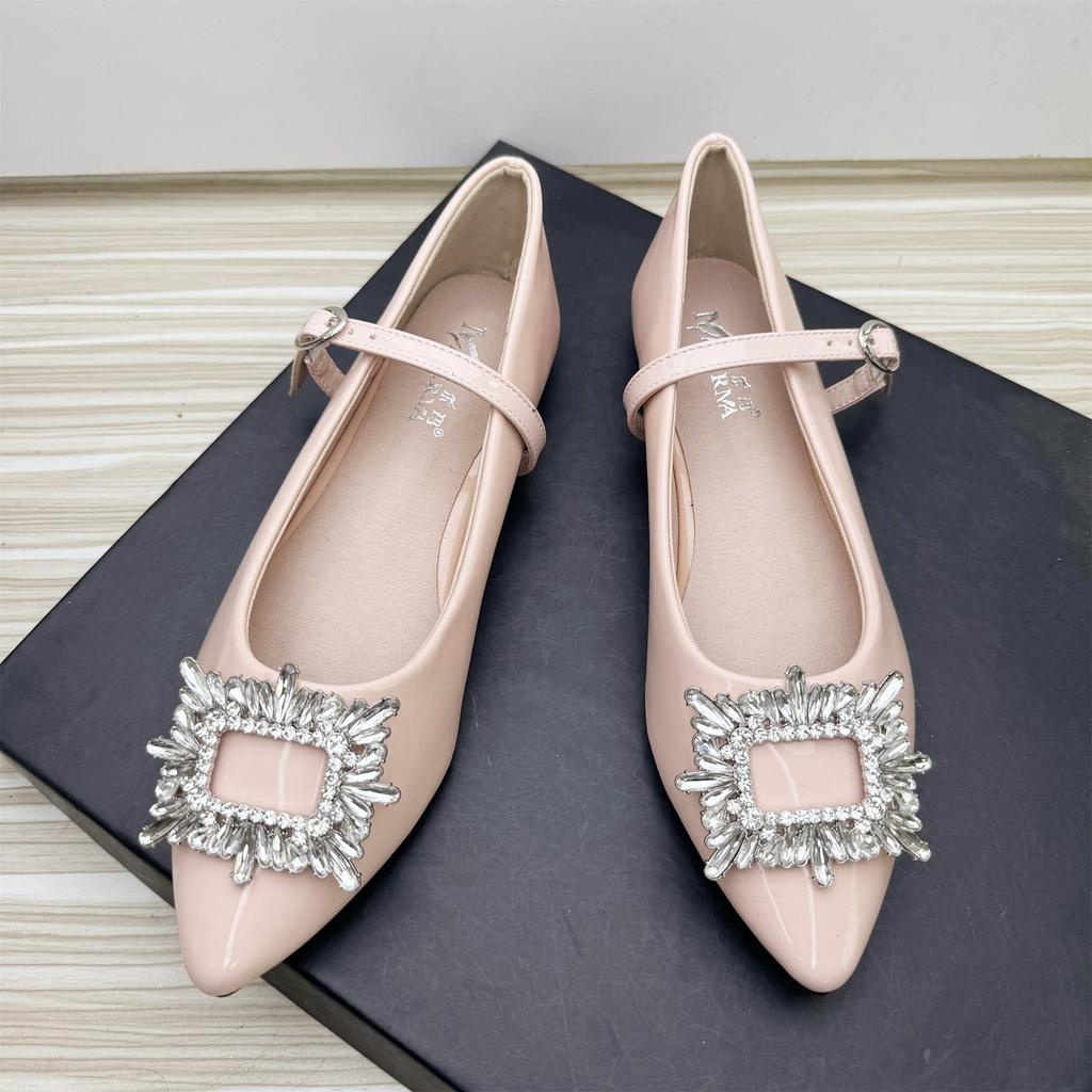 Fashion Flat Shoes for Women 2025 Spring Autumn Mary Jane Shoes Women Pointed Toe Rhinestone Square Buckle Patent Leather Plus Size Shoe