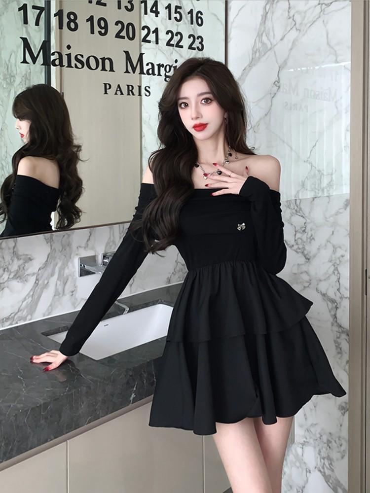 Hepburn style French sense one-word shoulder dress women's autumn pure desire waist cake princess dress fluffy dress