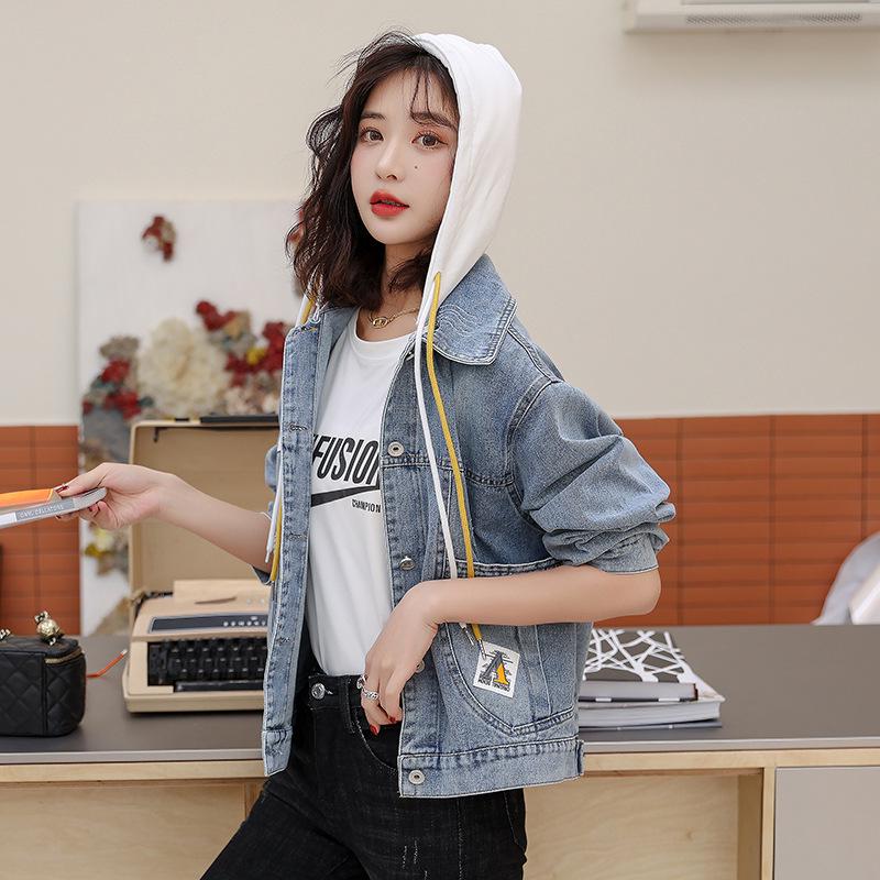 Trendy Women's Spliced Denim Jacket - Spring/Autumn 2025 Korean Loose Fit Short Hooded Style