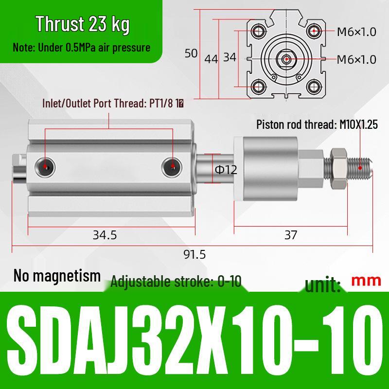 Adjustable Stroke Pneumatic Thin Cylinder - Piston Rod Sizes: 16/20/25/32/40/63