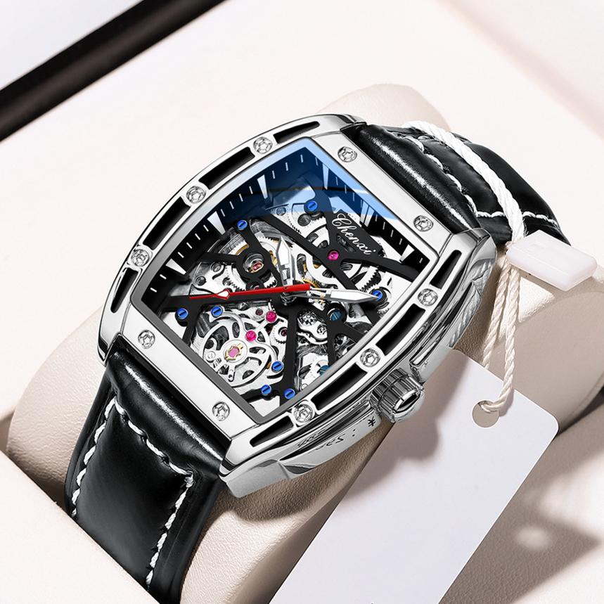 New TOP Brand Luxury Men's Watch With Box Men's Wine Barrel-shaped Hollow Automatic Leather Waterproof Men's Mechanical Watches
