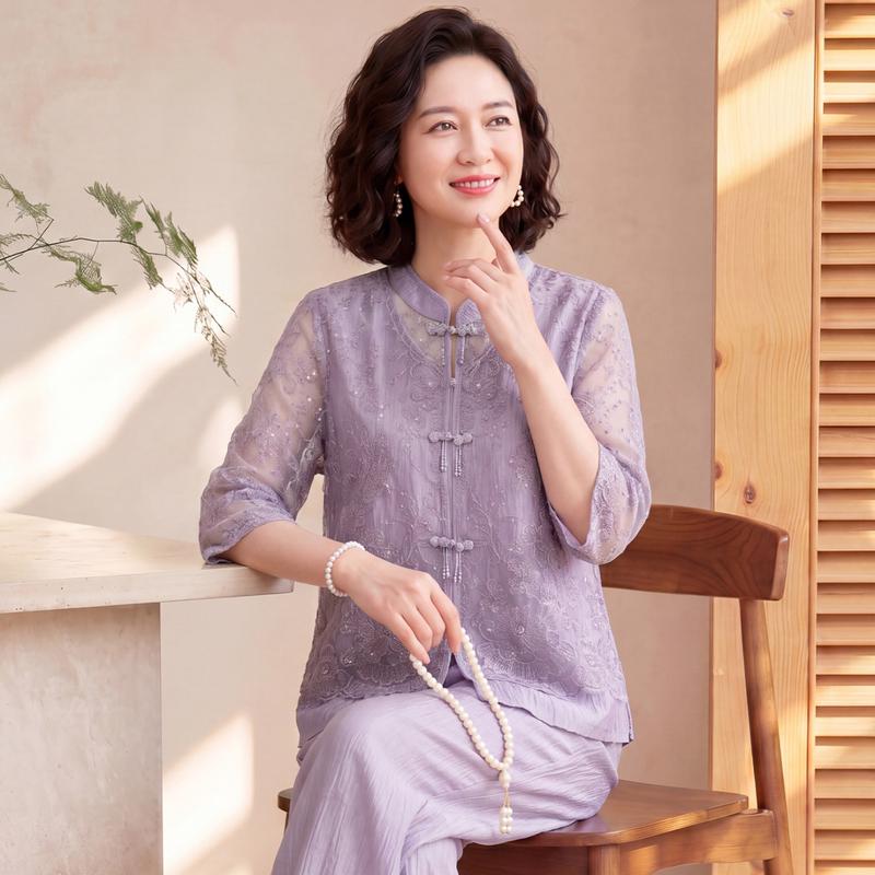 Datang Furen Women s Summer Embroidered Mesh Blouse & Trousers Set 4XL