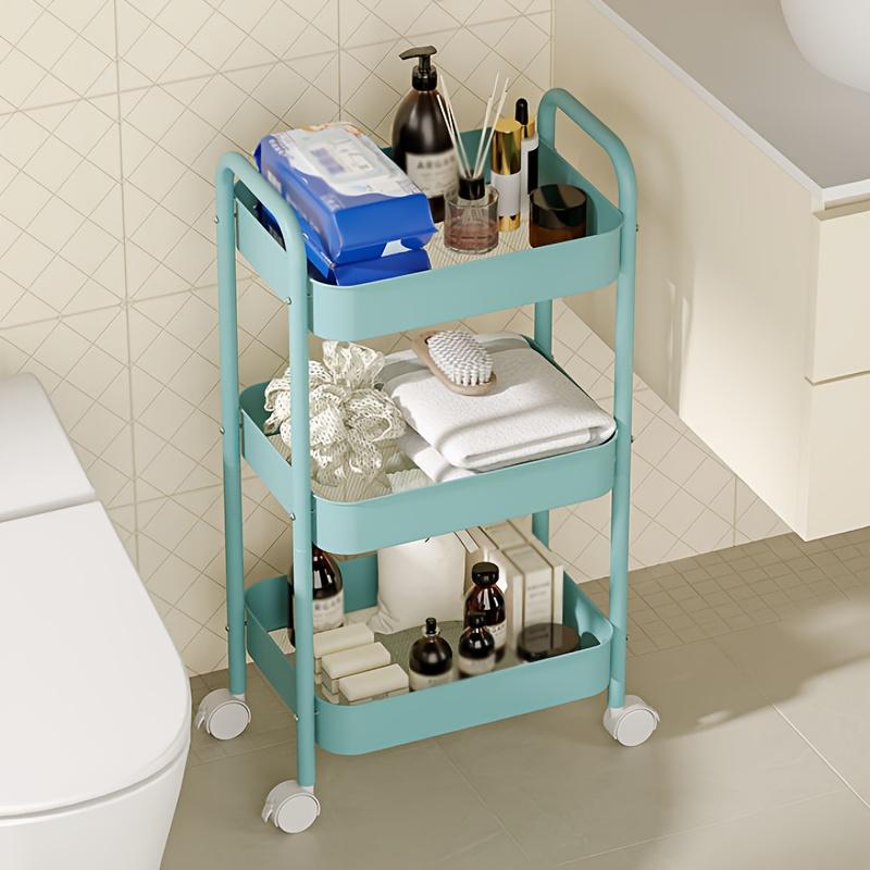 1pc Three-Tier Standing Storage Rack, Portable Kitchen Organizer - Large Capacity Durable Metal Cart for Living Room, Bathroom & Dormitory Use