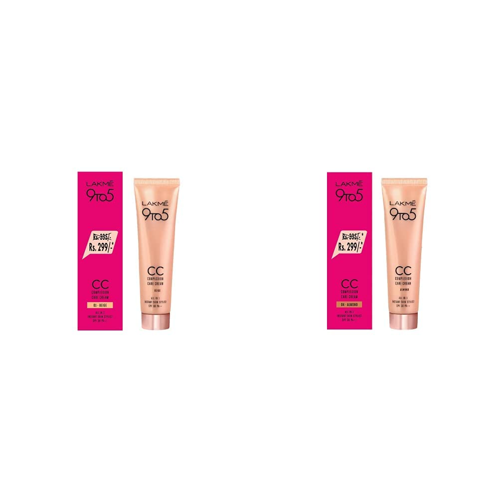 LAKMÉ Крем для лица с легким покрытием и натуральным финишем 9 to 5 Complexion Care для кожи, склонной к акне, Бежевый, 30 г и CC-крем 9 to 5 Complexion Care, Миндальный, 30 г