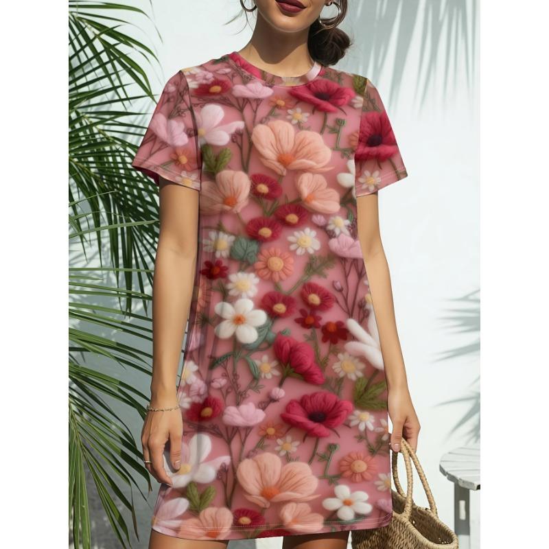 Plus Size - Plus-Size Sweet Smiling Print Loose Long T-Shirt Nightdress